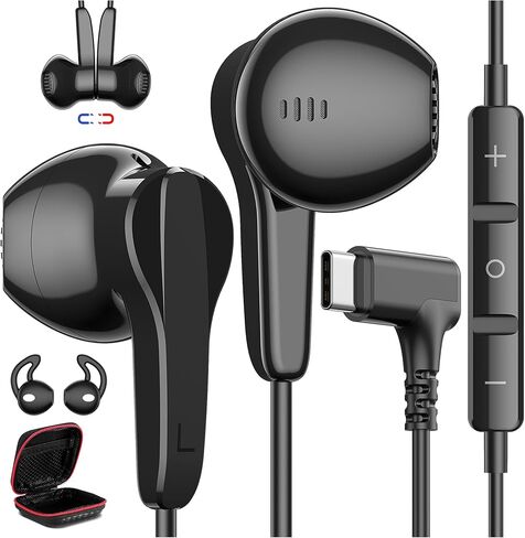 90° Right Angle USB C Headphones Wired for S10, Type C Earphones with Mic Stereo Magnet in Ear Wired Earbud for Samsung S25 S24 Ultra S23 FE S22+ iPhone 17 Pro Max Air 16 15 Plus Pixel 10 9, Black in Saudi Arabia