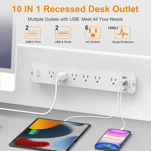 قطاع طاقة مجوف 1800J واقي من زيادة التيار USB C، 6 منافذ تيار متردد مع 4 منافذ USB ممتدة، موسع مسطح متعدد المكونات، موزع محطة شحن أثاث المكتب مع مفتاح للمكتب المنزلي، أبيض in Saudi Arabia