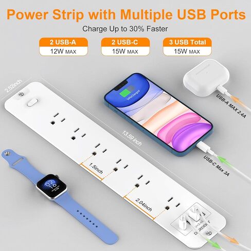 قطاع طاقة مجوف 1800J واقي من زيادة التيار USB C، 6 منافذ تيار متردد مع 4 منافذ USB ممتدة، موسع مسطح متعدد المكونات، موزع محطة شحن أثاث المكتب مع مفتاح للمكتب المنزلي، أبيض in Saudi Arabia