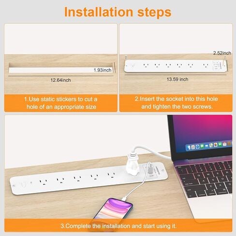 قطاع طاقة مجوف 1800J واقي من زيادة التيار USB C، 6 منافذ تيار متردد مع 4 منافذ USB ممتدة، موسع مسطح متعدد المكونات، موزع محطة شحن أثاث المكتب مع مفتاح للمكتب المنزلي، أبيض in Saudi Arabia