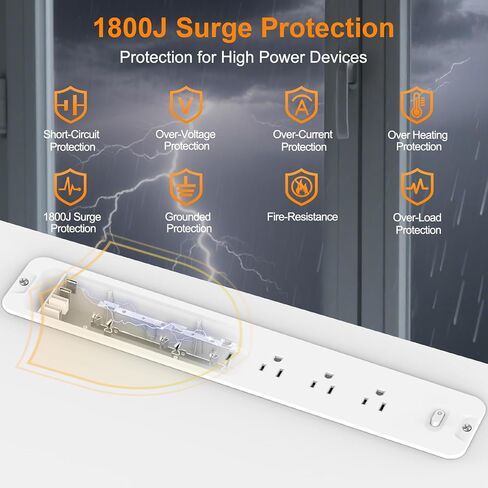 قطاع طاقة مجوف 1800J واقي من زيادة التيار USB C، 6 منافذ تيار متردد مع 4 منافذ USB ممتدة، موسع مسطح متعدد المكونات، موزع محطة شحن أثاث المكتب مع مفتاح للمكتب المنزلي، أبيض in Saudi Arabia