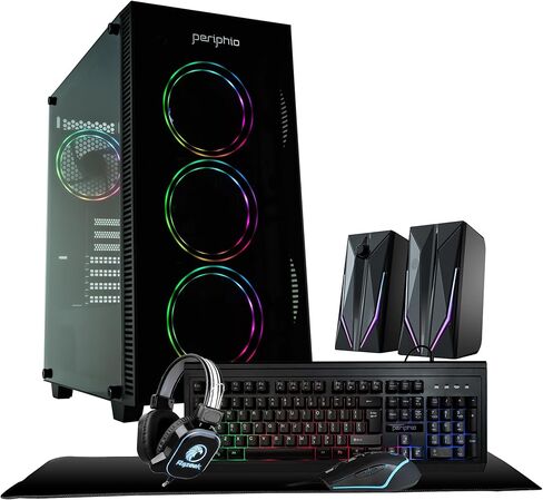 كمبيوتر Periphio Terra للألعاب، AMD Ryzen 5 5600GT يصل إلى 4.6 جيجا هرتز مع رسومات Radeon Vega 7، ذاكرة وصول عشوائي 16 جيجابايت، 1 تيرابايت NVMe SSD، WiFi، Windows 11 Home، أسود، كمبيوتر ألعاب 1080 بكسل - حزمة ألعاب RGB كاملة، شاشة 24 بوصة in Kuwait