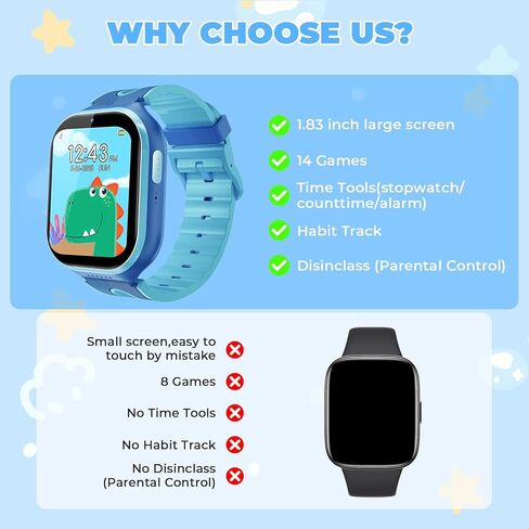 Smart Watch for Kids, No App, 14 Games, 1.83'' Touchscreen, Bedtime Stories, Alarm Clock, Camera, Music Player, Pedometer, Video & Audio Recording, Toys for Boys Aged 3-12, Gift for Teenagers, Blue in Saudi Arabia
