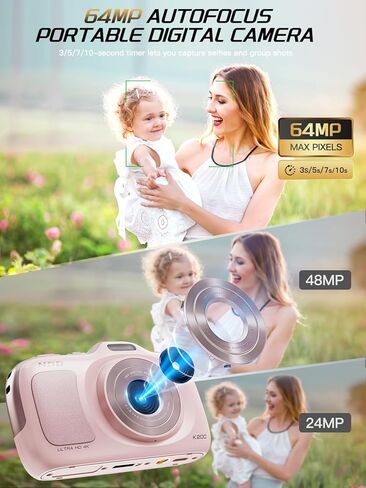 كاميرات NBD الرقمية 64 ميجابكسل للتصوير الفوتوغرافي، كاميرا 4K Point and Shoot، كاميرات سفر مدمجة تكبير 16X، كاميرا تركيز تلقائي للمبتدئين والمراهقين والأطفال وهدية العشاق، تتضمن بطاقة TF سعة 32 جيجابايت (وردي) in Kuwait