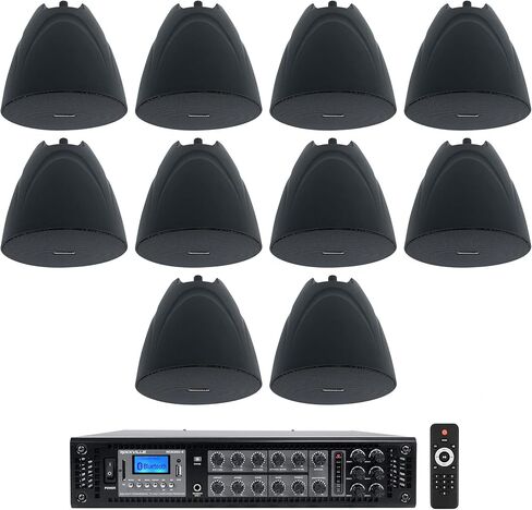 Rockville RCS350-6 Bundle: 350-Watt 6-Zone 70V Commercial/Restaurant Amplifier with Bluetooth, (10) PEN-525T Black 5.25" 70V Hanging Pendant Speakers, 11-Items in Saudi Arabia