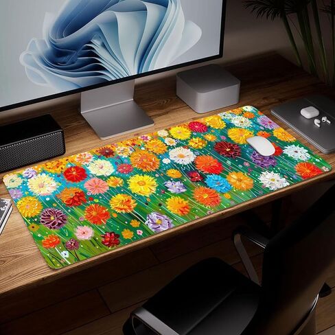 Leather Flower Desk Pad, Colorful Art Mouse Pad Large Computer Keyboard Gaming Mousepad Waterproof Desktop Protector & Cover, Decorative PU Leather Laptop Mouse Mat Home Office Decor 10 x 30 inch B2 in Saudi Arabia