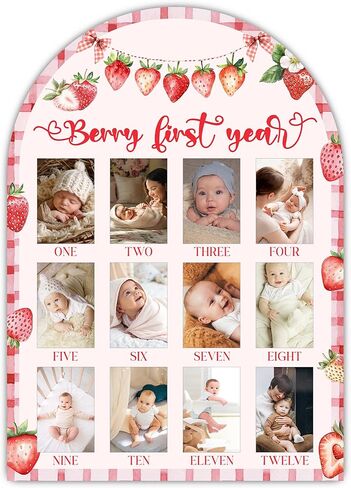 لوحة صور Strawberry My First Year، علامات بارزة لعيد ميلاد الطفل الأول من Berry لديكور الحضانة للأولاد والبنات، لوحة صور خشبية لمدة 12 شهرًا لصور 2×3، أفضل هدايا تذكارية للأطفال-A17 in Kuwait