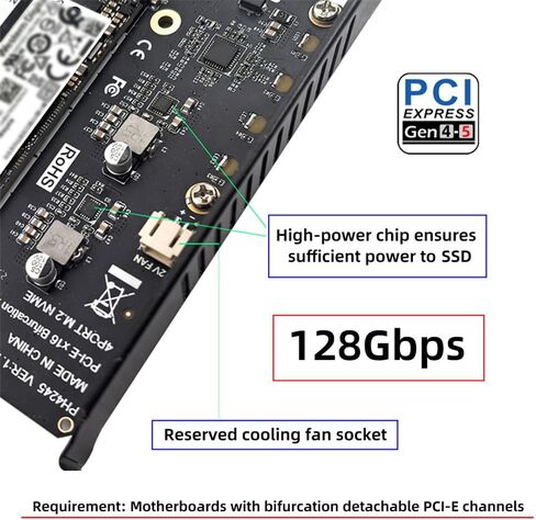 xiwai NGFF 4X NVME M-Key M.2 SSD to PCIE Express 5.0 Gen5 Gen4 X16 Raid Card Detachable Bifurcation VROC Raid0 Hyper Adapter in Saudi Arabia