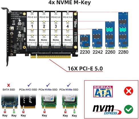 xiwai NGFF 4X NVME M-Key M.2 SSD to PCIE Express 5.0 Gen5 Gen4 X16 Raid Card Detachable Bifurcation VROC Raid0 Hyper Adapter in Saudi Arabia