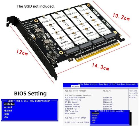xiwai NGFF 4X NVME M-Key M.2 SSD to PCIE Express 5.0 Gen5 Gen4 X16 Raid Card Detachable Bifurcation VROC Raid0 Hyper Adapter in Saudi Arabia