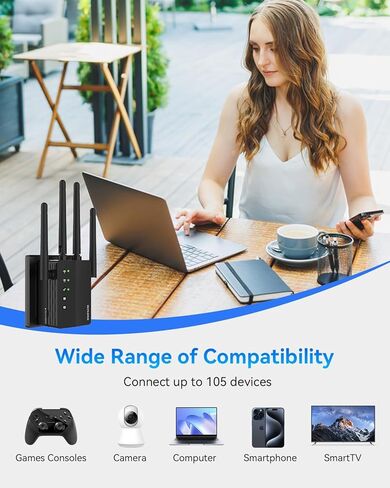 WiFi Extender Signal Booster, 1200Mbps WiFi Booster, Long Range up to 12880 Sq Ft, 105 Devices, 2.4/5GHz Internet Extender WiFi Booster with Ethernet Port(Black) in Kuwait