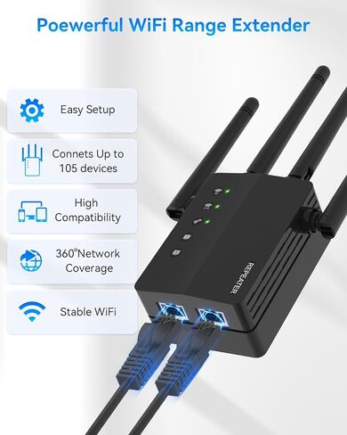 WiFi Extender Signal Booster, 1200Mbps WiFi Booster, Long Range up to 12880 Sq Ft, 105 Devices, 2.4/5GHz Internet Extender WiFi Booster with Ethernet Port(Black) in Kuwait