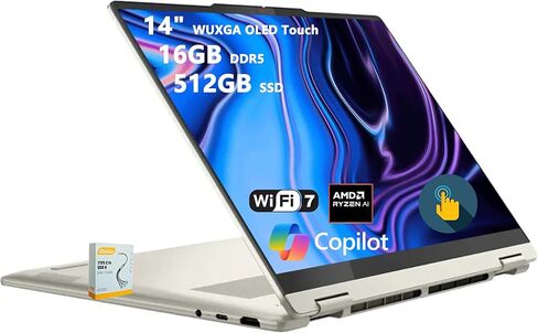 لينوفو يوجا 7 2 في 1 مساعد الطيار + كمبيوتر محمول AI | شاشة WUXGA OLED تعمل باللمس مقاس 14 بوصة (100% DCI-P3) | AMD Ryzen AI 5 340 (ما يصل إلى 50 سطحًا) | 16 جيجابايت DDR5 512 جيجابايت SSD | لـ Creator Business Professional Win11 مع ملحق DLCA in Kuwait