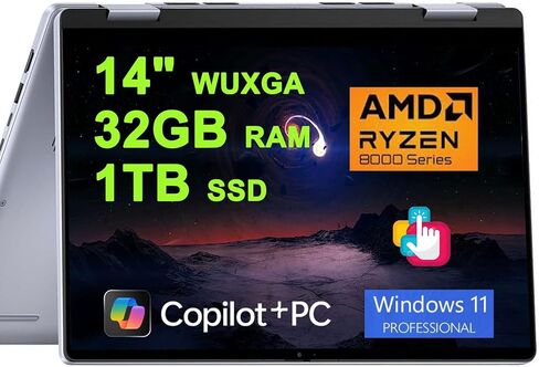 Dell Inspiron 14 7445 2-in-1 Laptop 14" WUXGA Comfortview Touchscreen AMD 6-core Ryzen 5 8640HS (>i7-1355U) 16GB RAM 1TB SSD Backlit for Creator Business Professional Win11Pro w/Copilot AI in Saudi Arabia
