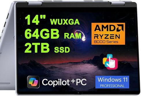 Dell Inspiron 14 7445 2-in-1 Laptop 14" WUXGA Comfortview Touchscreen AMD 6-core Ryzen 5 8640HS (>i7-1355U) 16GB RAM 1TB SSD Backlit for Creator Business Professional Win11Pro w/Copilot AI in Saudi Arabia