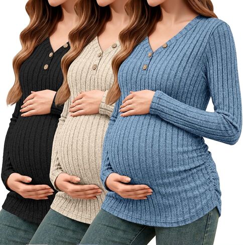 3 قطع من قمصان الأمومة النسائية بأكمام طويلة وسترات الحمل هينلي العلوية المضلعة الجانبية المكشكشة وتتسابق in Kuwait