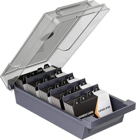 Uniclife Business Card Holder for Desk, Large Plastic Business Card Organizer Business Card Box with Lid, Dividers & A-Z Index Tabs, Desktop Index Card Holder, Name Card Storage Box, 500 Card Capacity in Saudi Arabia