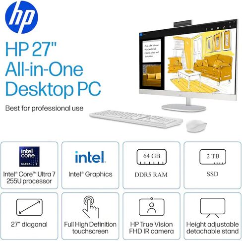 كمبيوتر مكتبي الكل في واحد من HP، شاشة لمس عالية الدقة مقاس 27 بوصة، Intel Ultra 7-155U (حتى 4.8 جيجاهرتز)، ذاكرة DDR5 سعة 64 جيجابايت، محرك أقراص SSD سعة 2 تيرابايت، نظام Windows 11 Pro، مضاد للتوهج، زاوية قابلة للتعديل، Wi-Fi 6، مع ملحقات in Saudi Arabia