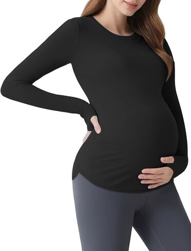 قمصان Mama Land طويلة الأكمام للحوامل - قمصان علوية ناعمة أساسية للحمل برقبة دائرية للتمرين الرياضي واليوجا ملابس غير رسمية in Saudi Arabia