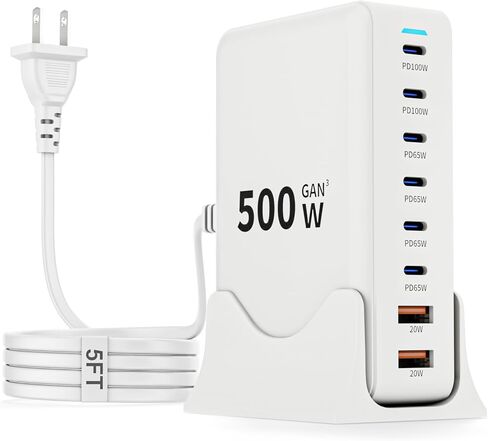 محطة شحن 500 واط GaN USB C، قاعدة شحن سريعة 8 منافذ مع محور محطة شحن سريع مزدوج 100 واط PD USB-C متوافق مع iPhone 17/16 15/14/13/Pro Max/MacBook Pro/Air/All iPad (أبيض) in Kuwait