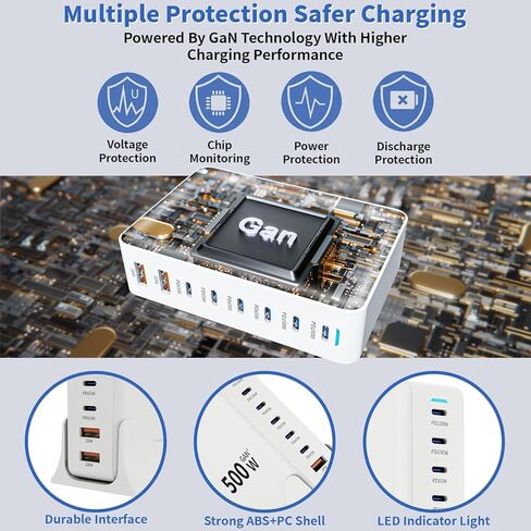 محطة شحن 500 واط GaN USB C، قاعدة شحن سريعة 8 منافذ مع محور محطة شحن سريع مزدوج 100 واط PD USB-C متوافق مع iPhone 17/16 15/14/13/Pro Max/MacBook Pro/Air/All iPad (أبيض) in Kuwait