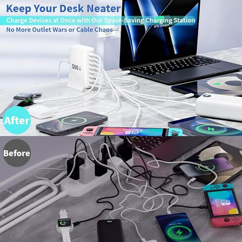 محطة شحن 500 واط GaN USB C، قاعدة شحن سريعة 8 منافذ مع محور محطة شحن سريع مزدوج 100 واط PD USB-C متوافق مع iPhone 17/16 15/14/13/Pro Max/MacBook Pro/Air/All iPad (أبيض) in Kuwait