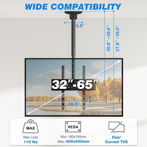 Ceiling TV Mount for 32-65 Inch Flat or Curved TVs, Full Motion Adjustable TV Bracket with 360°Swivel, Max VESA 400x400mm, Tilt Hanging TV Mount Holds up to 110 Lbs，Fits LCD LED OLED 4K Plasma TVs in Saudi Arabia