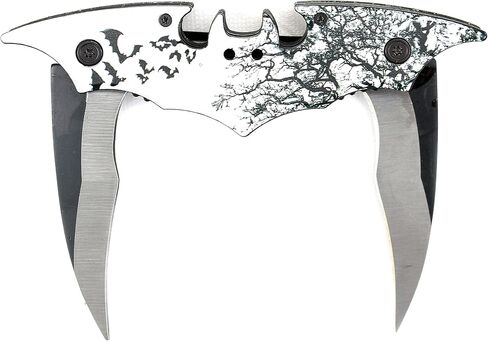 سكين Kii Dark Twin Blade BAT - جيب قابل للطي بحافة مزدوجة مع مشبك، 11 بوصة من الفولاذ المقاوم للصدأ التكتيكي ذو شفرة مساعدة زنبركية حادة (أسود وأبيض) in Kuwait