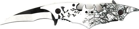 سكين Kii Dark Twin Blade BAT - جيب قابل للطي بحافة مزدوجة مع مشبك، 11 بوصة من الفولاذ المقاوم للصدأ التكتيكي ذو شفرة مساعدة زنبركية حادة (أسود وأبيض) in Kuwait