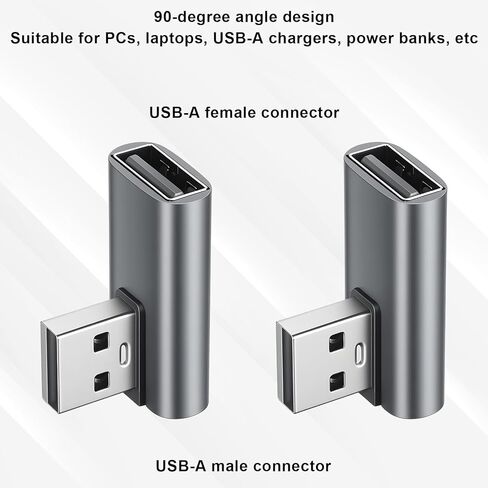 2 قطعة محول USB 90 درجة USB محول زاوية قائمة ذكر إلى أنثى محول موسع لأجهزة الكمبيوتر المحمول، بنك الطاقة، الشاحن، الهاتف، الوسادة، الكمبيوتر الشخصي (رمادي) in Kuwait