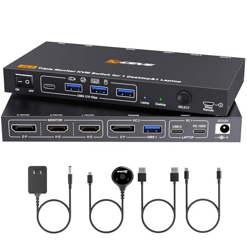 KCEVE شاشة ثلاثية KVM Switch لجهاز كمبيوتر محمول واحد، 1 سطح مكتب، USB 3.1 KVM Switch 3 شاشات 2 كمبيوتر USB C HDMI DP Share 4 لوحة مفاتيح ماوس لجهاز USB، 100 وات PD، 4K@60 هرتز، MST، طاقة، جهاز تحكم عن بعد سلكي in Kuwait
