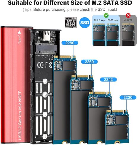 M.2 SATA SSD Enclosure Adapter,USB3.2 Gen1 5Gbps Type-C to SATA NGFF Based M.2 Solid State Drive Adapter Reader,Support B-Key(B+M Key) Red in Saudi Arabia