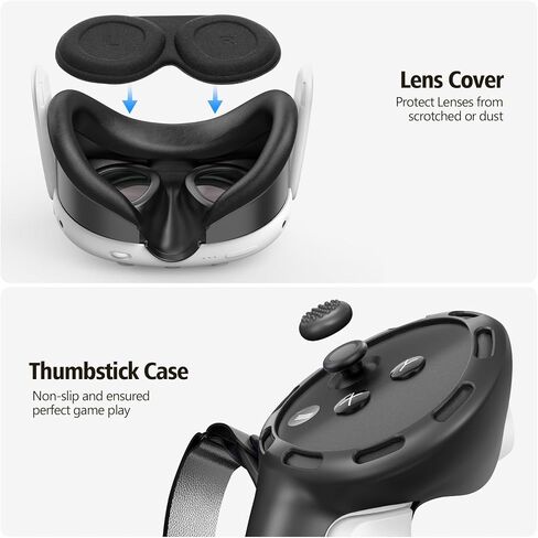 مجموعة غطاء من السيليكون متوافقة مع Meta/Oculus Quest 3، غطاء غطاء سماعة الرأس VR، مقابض وحدة التحكم، غطاء واجهة الوجه، غطاء العدسة الواقية (أسود) in Kuwait