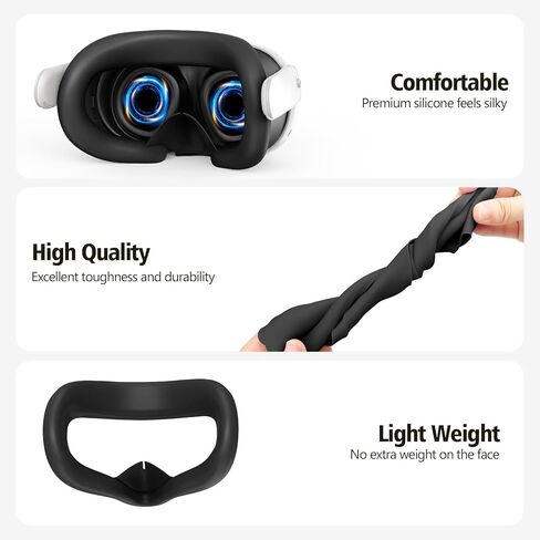 مجموعة غطاء من السيليكون متوافقة مع Meta/Oculus Quest 3، غطاء غطاء سماعة الرأس VR، مقابض وحدة التحكم، غطاء واجهة الوجه، غطاء العدسة الواقية (أسود) in Kuwait