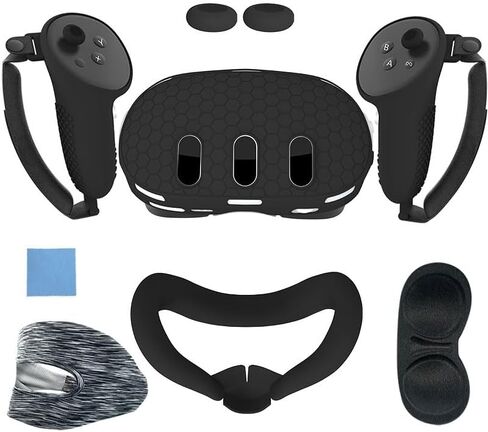 مجموعة غطاء من السيليكون متوافقة مع Meta/Oculus Quest 3، غطاء غطاء سماعة الرأس VR، مقابض وحدة التحكم، غطاء واجهة الوجه، غطاء العدسة الواقية (أسود) in Kuwait