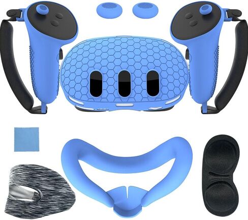 مجموعة غطاء من السيليكون متوافقة مع Meta/Oculus Quest 3، غطاء غطاء سماعة الرأس VR، مقابض وحدة التحكم، غطاء واجهة الوجه، غطاء العدسة الواقية (أسود) in Kuwait