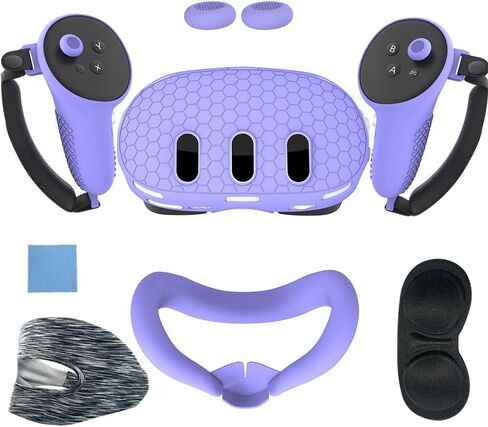 مجموعة غطاء من السيليكون متوافقة مع Meta/Oculus Quest 3، غطاء غطاء سماعة الرأس VR، مقابض وحدة التحكم، غطاء واجهة الوجه، غطاء العدسة الواقية (أسود) in Kuwait