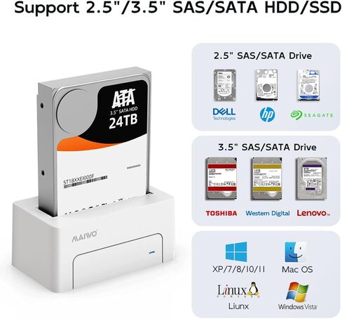 محول MAIWO SAS إلى USB 3.0، حاوية SSD SSD مقاس 2.5 3.5 بوصة SAS SATA HDD، سعة 24 تيرابايت، محطة إرساء قارئ القرص الصلب الخارجي مع محول طاقة 12 فولت 2 أمبير، بدون أدوات (أبيض) in Kuwait