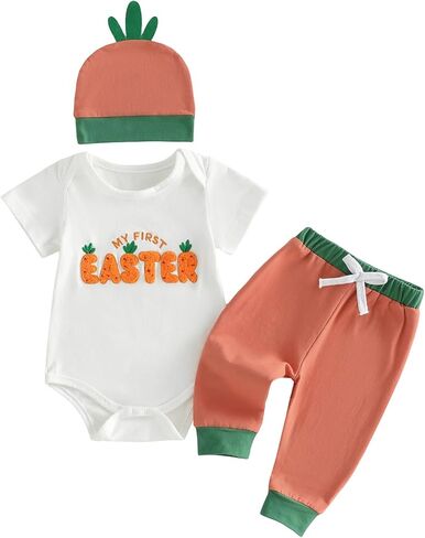 Lamuusaa Newborn Baby Boy Easter Outfit Short Sleeve My First Easter Romper Carrot Onesie Long Pants Hat 3Pcs Summer Clothes in Saudi Arabia