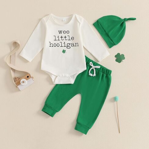 Suolongsama St Patricks Day بيبي بوي الزي كم طويل رسالة شامروك رومبير فستان أطفال مع سروال داخلي قبعة 3 قطعة ملابس الربيع الأيرلندية in Kuwait