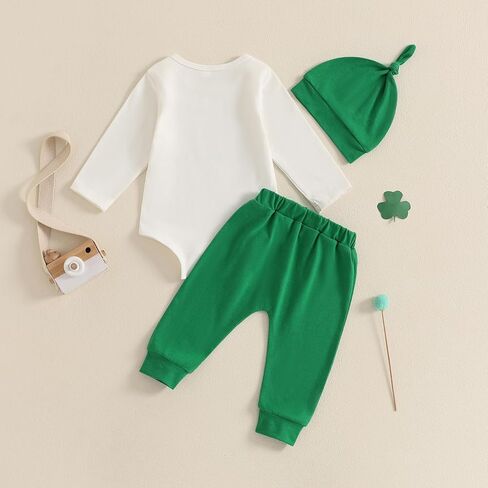 Suolongsama St Patricks Day بيبي بوي الزي كم طويل رسالة شامروك رومبير فستان أطفال مع سروال داخلي قبعة 3 قطعة ملابس الربيع الأيرلندية in Kuwait
