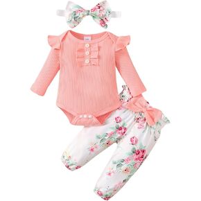 مجموعة ملابس للفتيات الصغيرات حديثي الولادة بأكمام طويلة مكشكشة وسروال مزين بالزهور للأطفال من عمر 0 ​​إلى 18 شهرًا in Kuwait