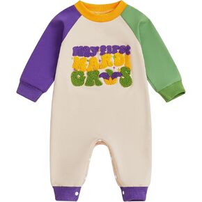 Newborn Baby Boy Mardi Gras Outfit Letters Embroidery Long Sleeve Round Neck Footie Romper Jumpsuit Carnival Clothes in Kuwait