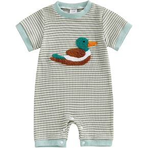 Newborn Baby Boy Hunting Outfit Mallard Duck Waffle Short Sleeve Romper Jumpsuit Striped Clothes Summer in Kuwait
