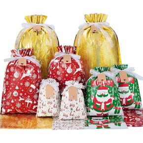Asoulin Christmas Drawstring Gift Bags with Tags - 40 Pcs Christmas Gift Bag Assorted Size Large Medium Small Foil Gift Wrapping Bag for Birthday, Goodies, Xmas Holiday Party Favor Decoration Supplies in Kuwait
