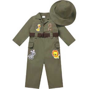 IWEMEK Toddler Boy Safari Animal Outfit Lion Giraffe Zebra Jungle Birthday Outfit Long Sleeve Romper Jumpsuit with Belt Hat in Saudi Arabia