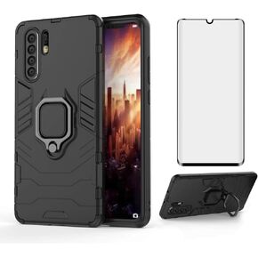 Phone Case for Huawei P30 Pro with Tempered Glass Screen Protector Cover and Magnetic Ring Holder Stand Kickstand Slim Hard Cell Accessories Huwai Hawaii Hwauei Haweii P 30 30pro Men Women Cases Black in Saudi Arabia