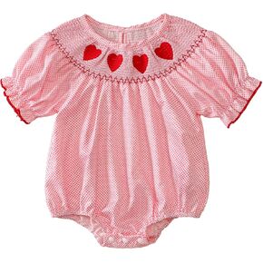 Toddler Baby Girl Easter Outfits Bunny Embroidery Stripe Short Sleeve Smocked Bubble Romper Newborn Summer Clothes in Kuwait