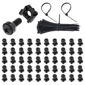 50 Sets M6 x 20mm Rack Mount Screws Kit with Cage Nuts, Washers & 100 Self-Locking Cable Ties for Server Cabinets, Shelves, Routers | Galvanized Carbon Steel in Kuwait