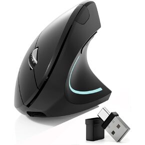 ماوس بلوتوث، نوع c وUSB 2.4G ماوس عمودي لاسلكي قابل لإعادة الشحن، ماوس مريح، 800/1200 /1600 نقطة في البوصة، أزرار للكمبيوتر المحمول، سطح المكتب، الكمبيوتر الشخصي، ماك بوك، كمبيوتر ماك (أسود) in Kuwait